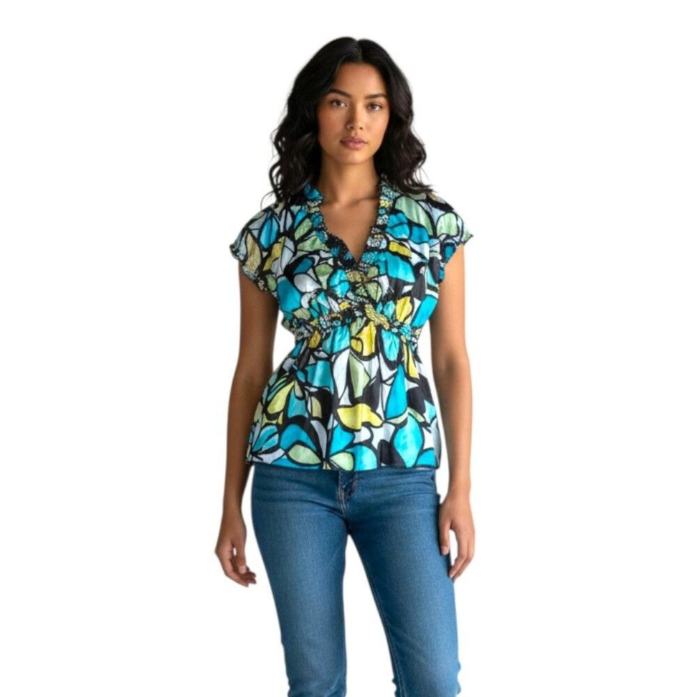 Wrapper Blue Yellow Floral V Neck Babydoll Blouse Shirt Empire Waist Medium M
